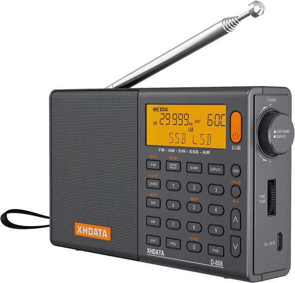 XHDATA D-808 Tragbares Digitales Radio UKW-Stereo/KW/MW/LW SSB RDS Air Band Multi-Band-Radio Lautsprecher mit LCD-Anzeige Wecker Externe Antenne und 2000 mah Chargeable Batterie (Grau)