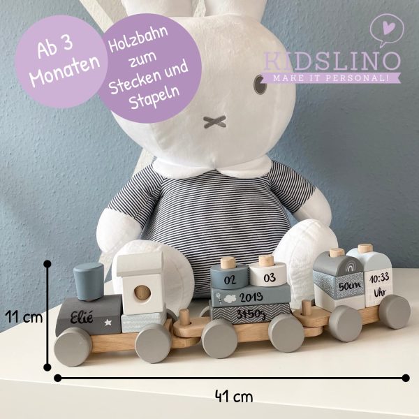 Kidslino Holz Eisenbahn blau - personalisierbar I Geschenk zur Geburt Jungen I Handmade Holzspielzeug mit Steckformen I Personalisierte Geschenke Baby I Holzzug mit Name & Geburtsdaten – Bild 5