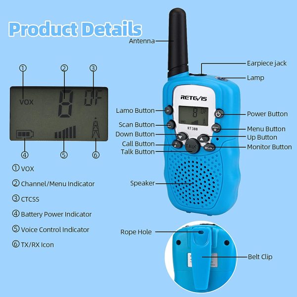 Retevis RT388 Walkie Talkies Kinder, Funkgerät Große Reichweite Spielzeug ab 3-12 Jahre, 8 Kanäle LCD Taschenlampe,Geschenke für Camping,Abenteuer,Wandern(1 Paar, Blau) – Bild 7