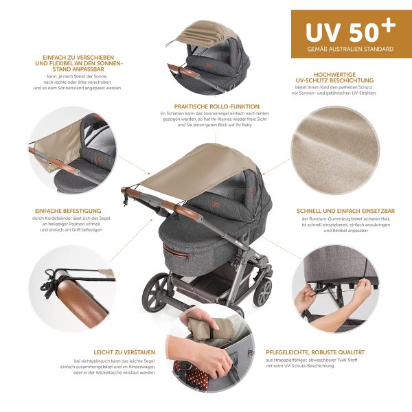 Zamboo Universal Sonnensegel - verstellbarer Kinderwagen Sonnenschutz mit UV Schutz 50 - flexibles Sonnenverdeck für Babywanne - Beige – Bild 7