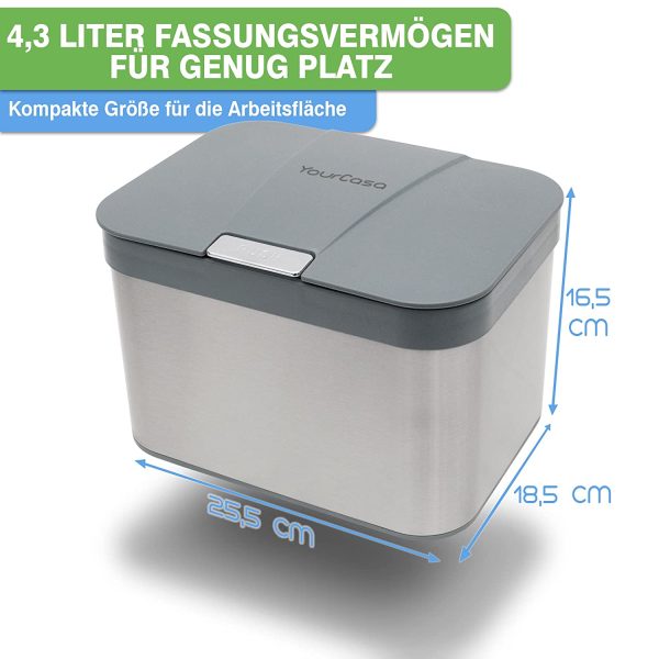 YourCasa® Edelstahl Komposteimer - 4,3L - für alltäglichen Biomüll in der Küche - Spülmschinenfester Inneneinsatz - geruchsdicht & abwaschbar - Bio Mülleimer mit Deckel Tischmülleimer (Grau) – Bild 6