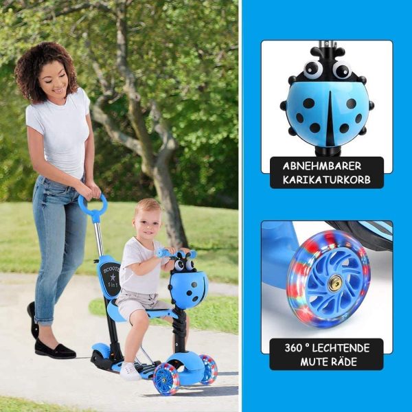 YOLEO 5-in-1 Kinder Roller Scooter mit Abnehmbarer Karikaturkorb Sitz Schubstange LED große Räder Bequeme Rückenlehne Höheverstellbare Lenker für Kleinkinder Jungen Mädchen ab 2 Jahre – Bild 3