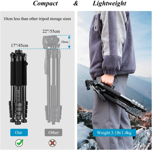 Victiv Kamera Stativ mit 52??60-185cm Höhe, leichtes Camera Tripod mit Abnehmbar 3-Wege-Kopf, Aluminium fotostativ für DSLR Canon Nikon Sony, Dreibeinstativ for Smartphone mit Handy Halterung – Bild 6