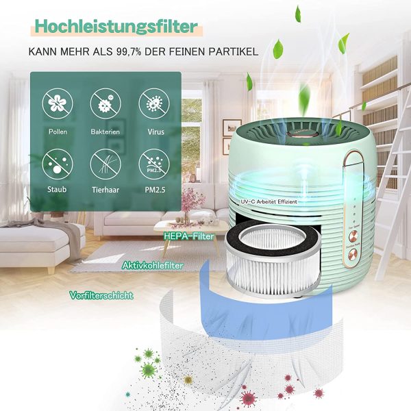 Luftreiniger, Luftreiniger mit HEPA Filter Klein Air Purifier Entfernt 99,7% Staub Pollen Rauch Partikel Viren Tierhaare für Allergiker Tragbarer Desktop-Luftfilter für Allergie Wohnung Raucher, Grün – Bild 4