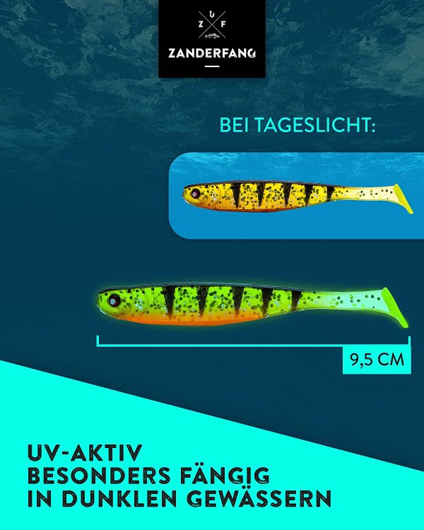 Zanderfang - Glasaugen Gummifische - Effektiver Köder für Zander und Barsch - mit Fischaroma aromatisiert - UV-Aktivität - 5er-Set – Bild 4