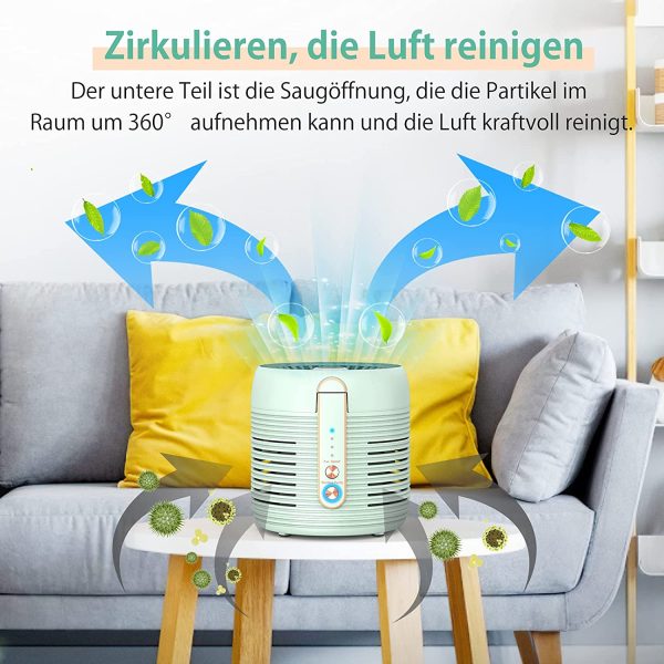 Luftreiniger, Luftreiniger mit HEPA Filter Klein Air Purifier Entfernt 99,7% Staub Pollen Rauch Partikel Viren Tierhaare für Allergiker Tragbarer Desktop-Luftfilter für Allergie Wohnung Raucher, Grün – Bild 7