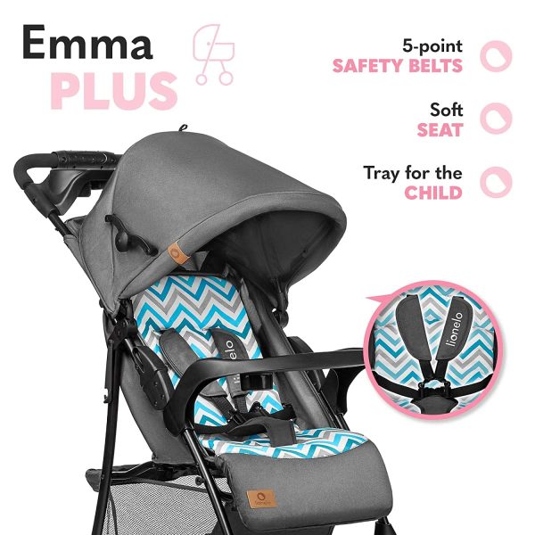 LIONELO Emma Plus Kinderwagen bis zu 15 kg, Kindersportwagen, leicht modern klein Buggy mit Liegeposition, zusammenklappbar, große Räder, großer Korb, Tasche