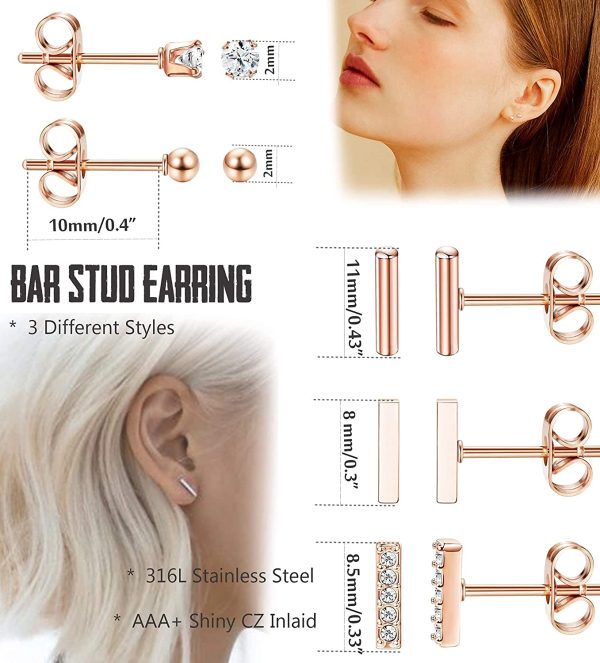 YADOCA 9 Pairs Edelstahl Ohrringe Ohrstecker Set für Damen Mädchen Star Mond Bar Ball Ohrringe CZ Knorpel Helix Ohr Piercing Tragus Ohrstecker Silber Roségold – Bild 5