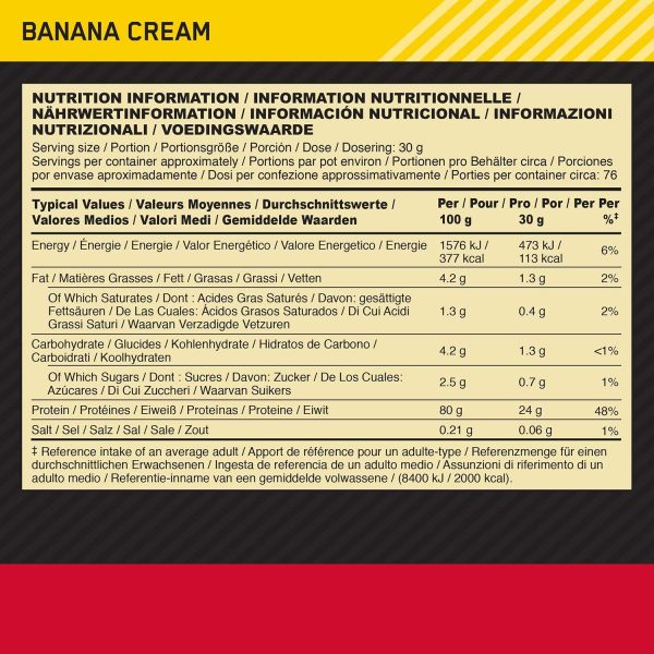 Optimum Nutrition ON Gold Standard Whey Protein Pulver, Eiweißpulver Muskelaufbau mit Glutamin und Aminosäuren, natürlich enthaltene BCAA, Banana Cream, 76 Portionen, 2,28kg – Bild 7