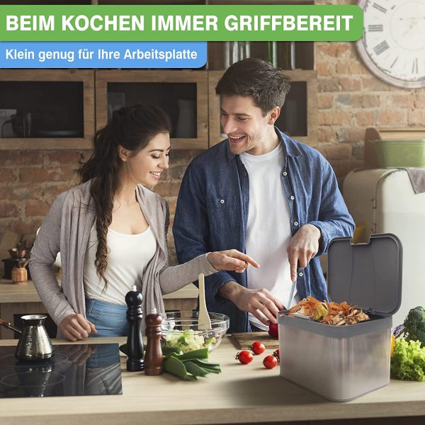 YourCasa® Edelstahl Komposteimer - 4,3L - für alltäglichen Biomüll in der Küche - Spülmschinenfester Inneneinsatz - geruchsdicht & abwaschbar - Bio Mülleimer mit Deckel Tischmülleimer (Grau) – Bild 5