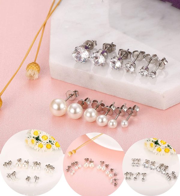 YADOCA 18 Paare Edelstahl Silber Ohrringe für Damen Mädchen Runde Ball Zirkonia Faux Perle Ohrringe Stecker Set Ohr Piercing Ohrstecker Verschiedene Größen (3-8mm) – Bild 2