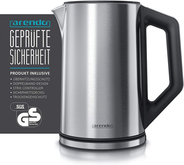 '- Edelstahl Wasserkocher mit Temperatureinstellung 40-100 Grad in 5er Schritten - Doppelwand Design - Modell ELEGANT - 1,5 Liter - 2200 W - Teekocher mit Temperaturanzeige - GS - Silber – Bild 7