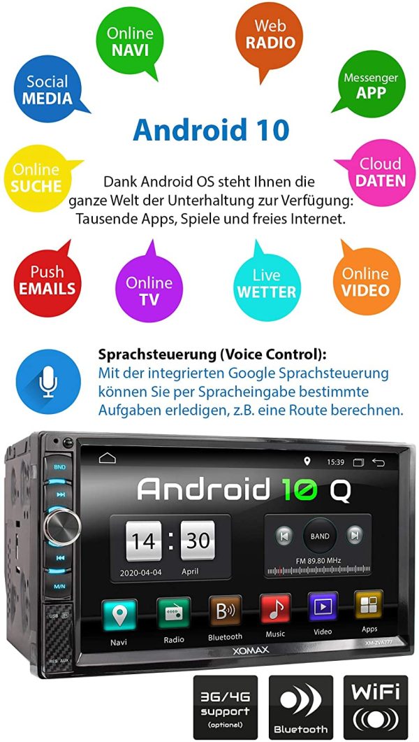 XOMAX XM-2VA777 Autoradio mit Android 10, Quad Core, 2GB RAM, 32GB ROM, GPS Navigation I Support: WiFi WLAN, 3G 4G, DAB+, OBD2 I Bluetooth, 7 Zoll / 18cm Touchscreen, USB, SD, AUX, 2 DIN