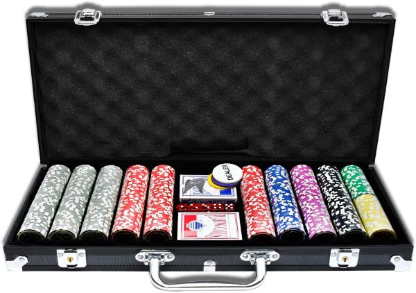 UISEBRT Pokerkoffer Set 500 Chips - Pokerset Laser inkl. 2X Pokerdecks, 5X Würfel, 3X Dealer Button (500 Chips, Schwarz Aluminium-Gehäuse) – Bild 8