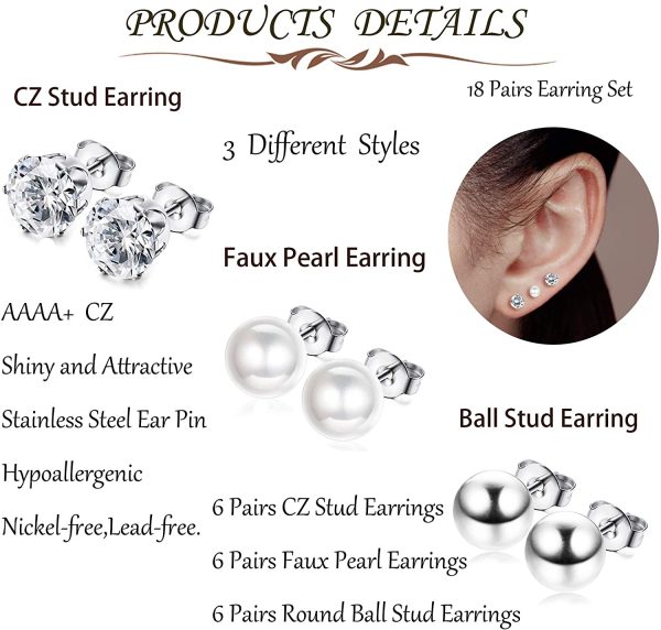 YADOCA 18 Paare Edelstahl Silber Ohrringe für Damen Mädchen Runde Ball Zirkonia Faux Perle Ohrringe Stecker Set Ohr Piercing Ohrstecker Verschiedene Größen (3-8mm) – Bild 3