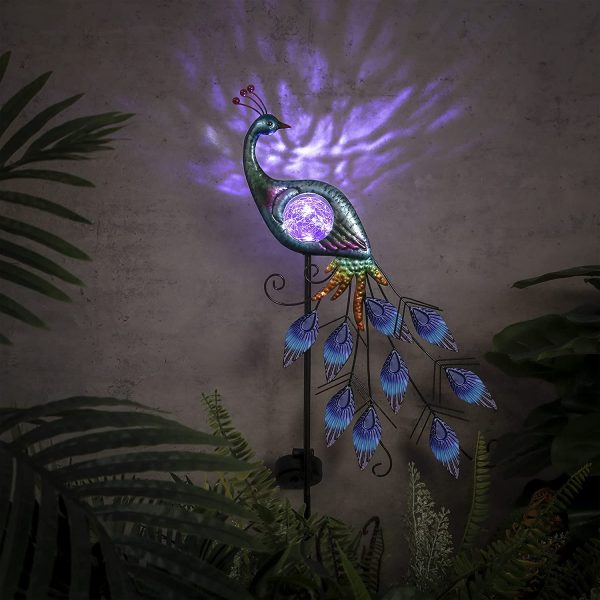 TERESA'S COLLECTIONS 80cm Metallpfau Solar Led Gartenfigur Gartenleuchte Gartendeko Gartenleuchtung für Garten, Terrasse und Balkon – Bild 7