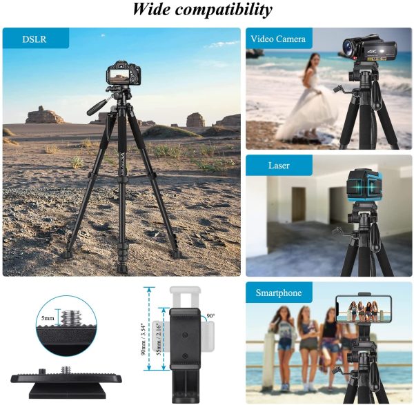 Victiv Kamera Stativ mit 52??60-185cm Höhe, leichtes Camera Tripod mit Abnehmbar 3-Wege-Kopf, Aluminium fotostativ für DSLR Canon Nikon Sony, Dreibeinstativ for Smartphone mit Handy Halterung – Bild 3