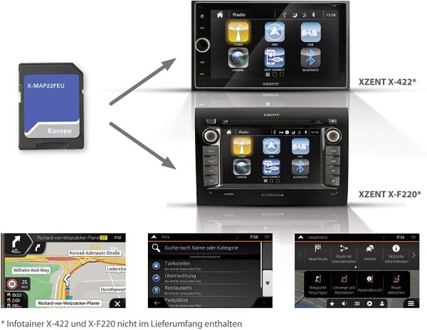 Xzent X-MAP22FEU: Micro SD-Karte mit PKW Navigation für XZENT Mediencenter X-422 und X-F220, europaweite 3-D Karten, TMC