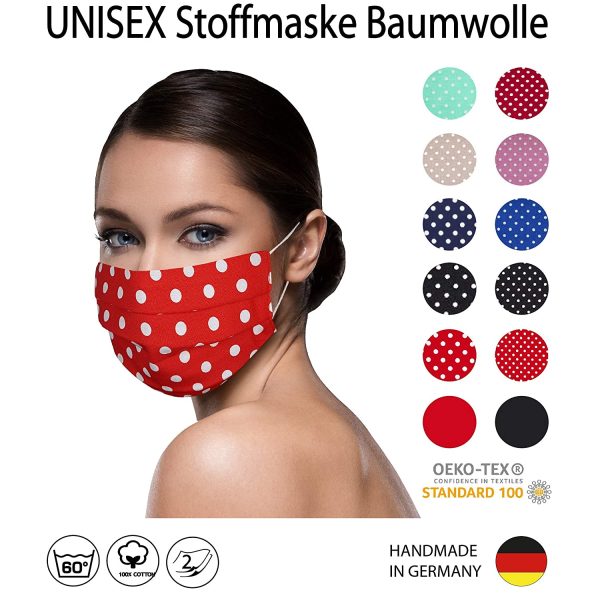 Unisex Stoffmasken Mundschutz Maske Stoff 100% Baumwolle Mund Nasen Schutzmaske mit Motiv Mund und Nasenschutz Maske waschbar ROT große Punkte – Bild 3