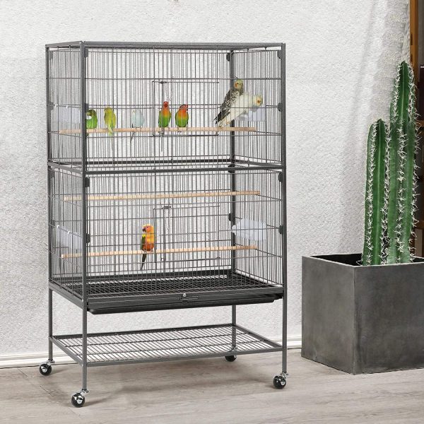 Yaheetech Vogelvoliere großer Vogelkäfig mit 2 Türen Vogelhaus mit Holzstangen und 4 Rollen mit schmutzwanneneinsatz 52 x 79 x 131 cm – Bild 7