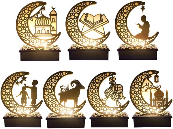 Ykop Ramadan Eid Dekorationen Mubarak Ramadan LED Muslim Nachtlicht Eid Mubarak Ornamente DIY Holz Eid Dekoration Holz Eid Festival Licht Mond Sterne Vorhang Lichter Mubarak Mond Nachtlicht – Bild 3