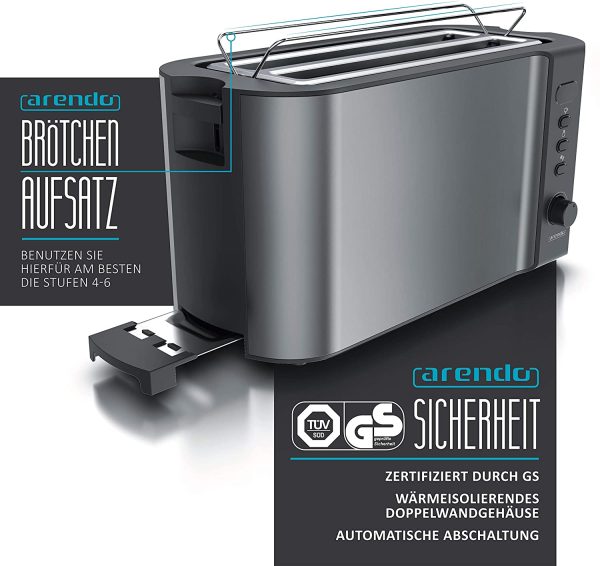 '- Edelstahl Toaster Langschlitz 4 Scheiben - Defrost Funktion - w??Nrmeisolierendes Geh??Nuse - mit integrierten Br??tchenaufsatz - 1500W - Kr??melschublade - Display mit Restzeitanzeige - Cool Grey