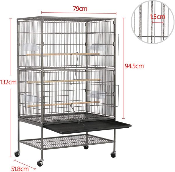 Yaheetech Vogelvoliere großer Vogelkäfig mit 2 Türen Vogelhaus mit Holzstangen und 4 Rollen mit schmutzwanneneinsatz 52 x 79 x 131 cm – Bild 9