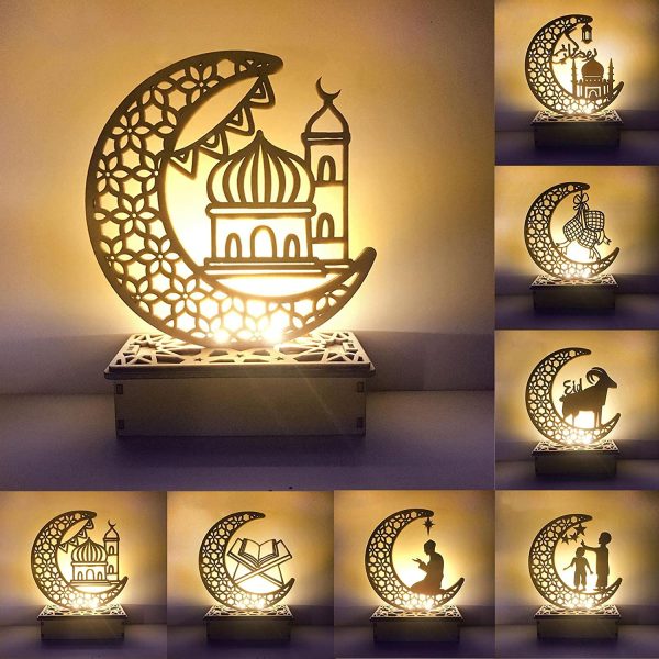 Ykop Ramadan Eid Dekorationen Mubarak Ramadan LED Muslim Nachtlicht Eid Mubarak Ornamente DIY Holz Eid Dekoration Holz Eid Festival Licht Mond Sterne Vorhang Lichter Mubarak Mond Nachtlicht – Bild 7