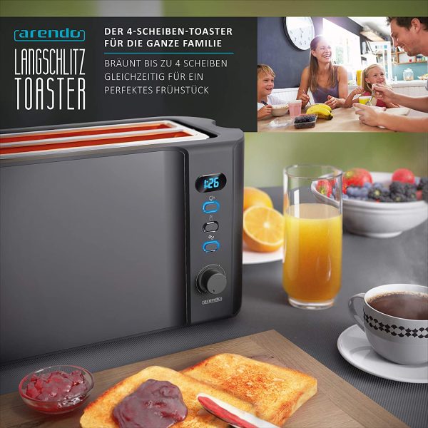 '- Edelstahl Toaster Langschlitz 4 Scheiben - Defrost Funktion - w??Nrmeisolierendes Geh??Nuse - mit integrierten Br??tchenaufsatz - 1500W - Kr??melschublade - Display mit Restzeitanzeige - Cool Grey – Bild 6