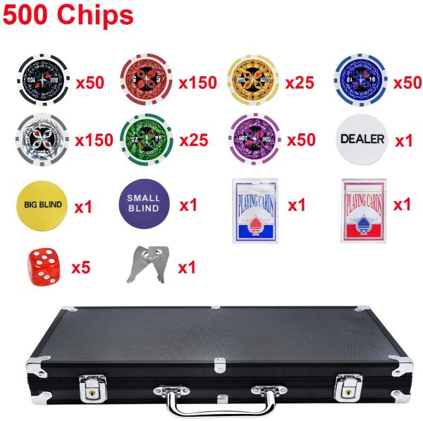 UISEBRT Pokerkoffer Set 500 Chips - Pokerset Laser inkl. 2X Pokerdecks, 5X Würfel, 3X Dealer Button (500 Chips, Schwarz Aluminium-Gehäuse) – Bild 7