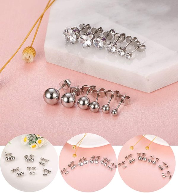 YADOCA 18 Paare Edelstahl Silber Ohrringe für Damen Mädchen Runde Ball Zirkonia Faux Perle Ohrringe Stecker Set Ohr Piercing Ohrstecker Verschiedene Größen (3-8mm) – Bild 6