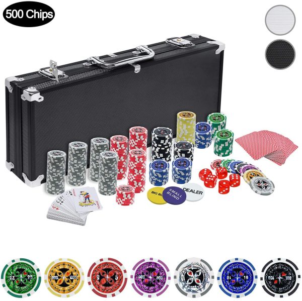 UISEBRT Pokerkoffer Set 500 Chips - Pokerset Laser inkl. 2X Pokerdecks, 5X Würfel, 3X Dealer Button (500 Chips, Schwarz Aluminium-Gehäuse) – Bild 3