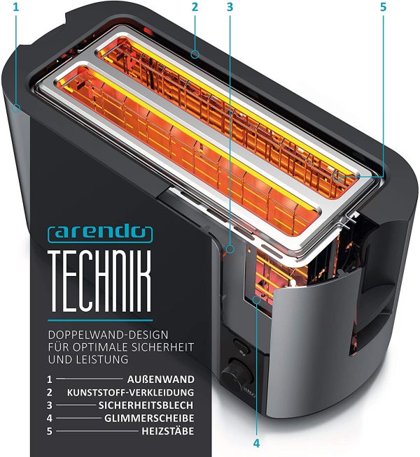 '- Edelstahl Toaster Langschlitz 4 Scheiben - Defrost Funktion - w??Nrmeisolierendes Geh??Nuse - mit integrierten Br??tchenaufsatz - 1500W - Kr??melschublade - Display mit Restzeitanzeige - Cool Grey – Bild 7